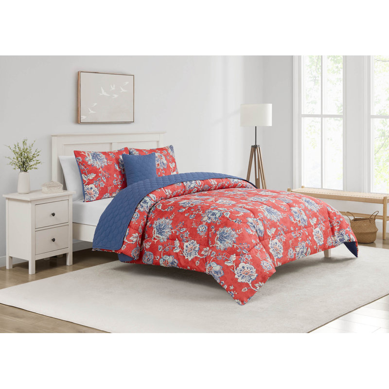 Easton 5pc Comforter/Quilt Set, Queen Comforter + 4 Additional Pieces, Blue Floral
