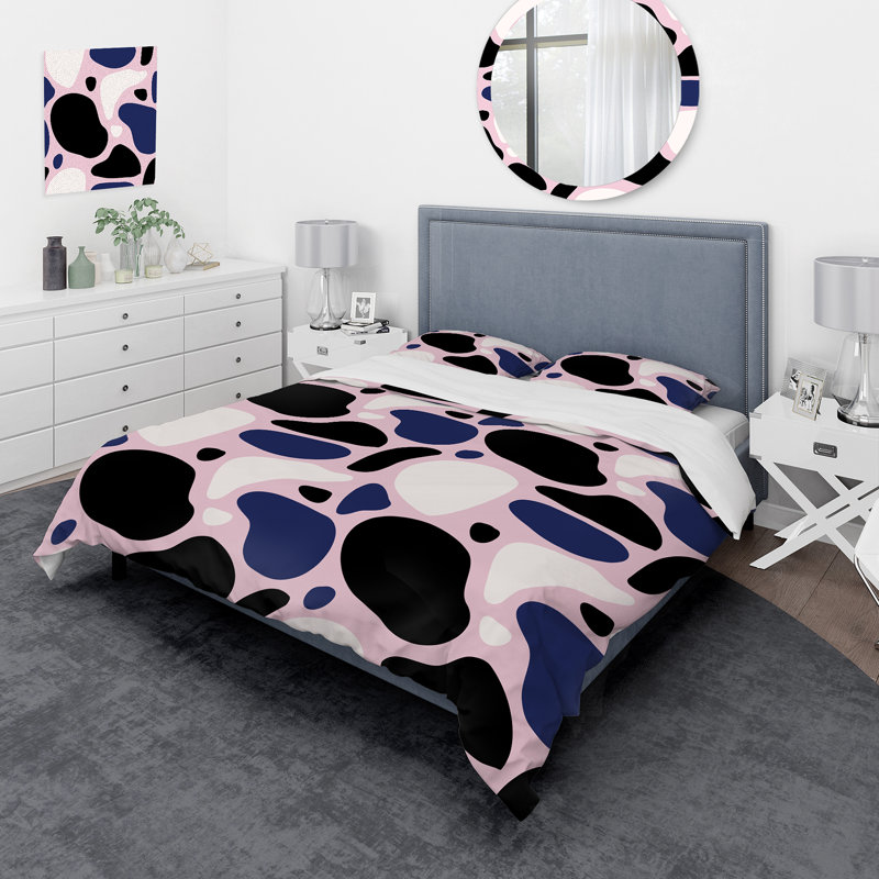 Formes de couette modernes noires, bleues et blanches sur fond rose - ensemble de housse de couette moderne - microfibre de polyester