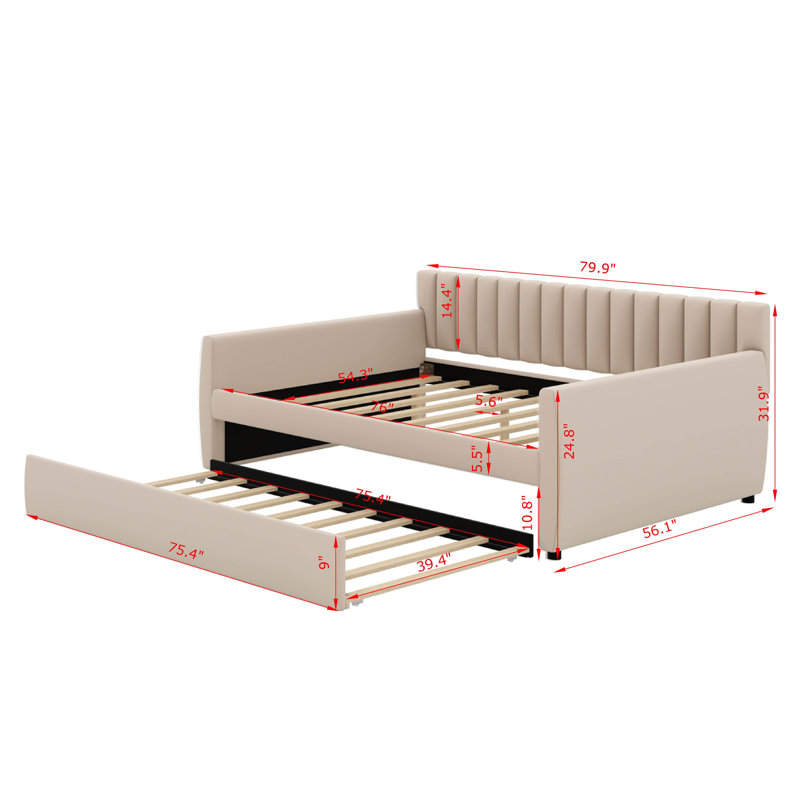 Full Size Upholstered Daybed With Trundle, Beige