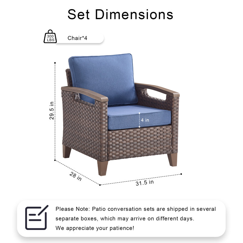 Ensemble de conversation d'extérieur pour 4 personnes avec coussins, Bleu