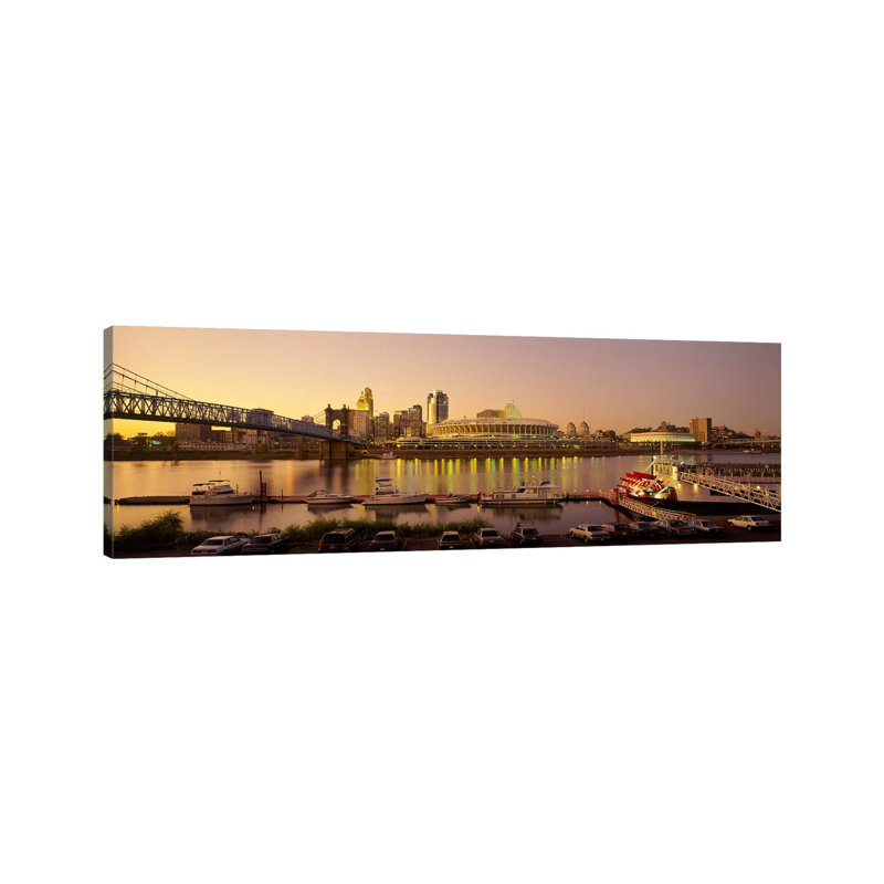 Buildings In A City Lit Up At Dusk, Cincinnati, Ohio, USA - Wrapped Canvas Panoramic Print