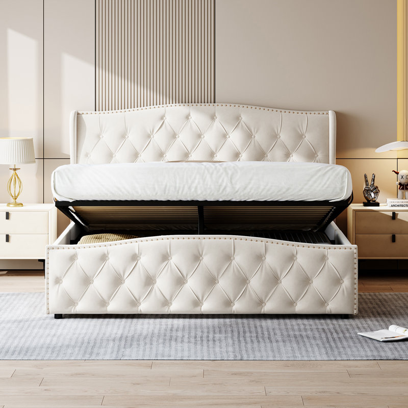 Metal Ottoman Storage Bed, Beige, European Double (140 x 200 cm)