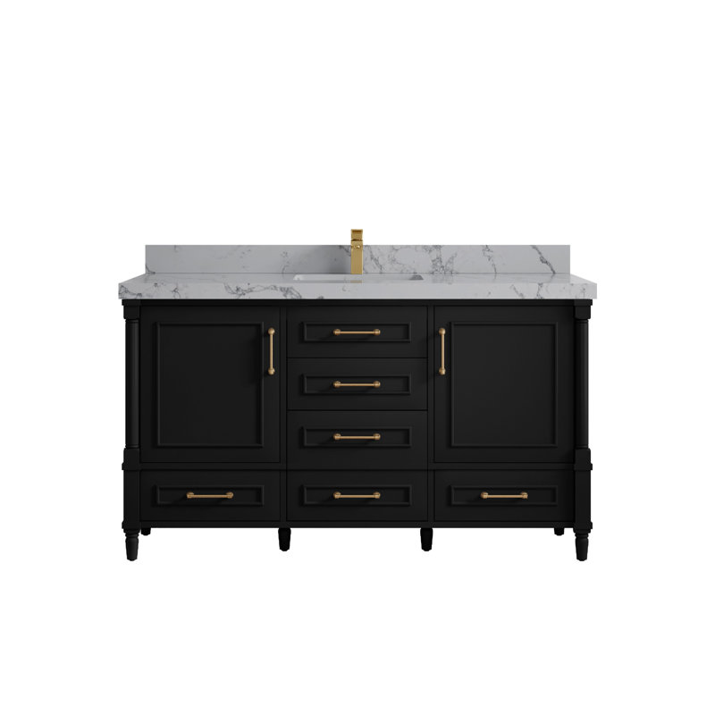 Aberdeen 60'' Single Bathroom Vanity with Quartz Top, Venatino Quartz, Black