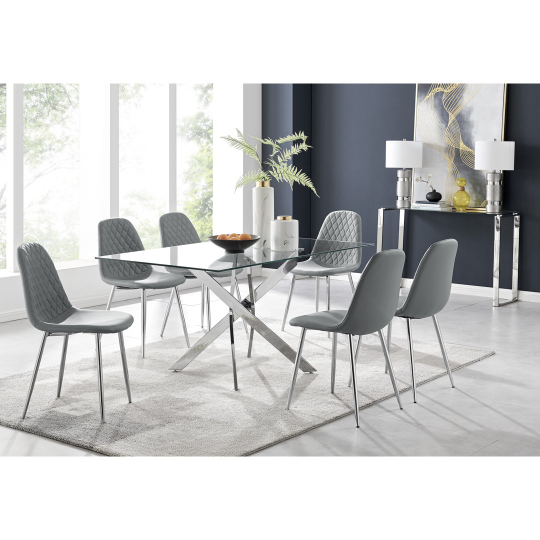 Lenworth Modern Chrome Metal and Glass Dining Table Set with 6 Luxury Faux Leather Dining Chairs East Urban Home Chair 