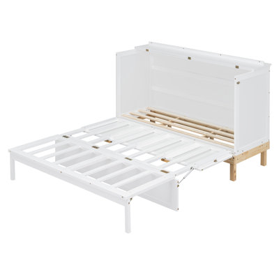 Queen Size Murphy Bed, 2-in-1 Wooden Cabinet Bed with Underbed Storage Drawer, Pine Wood & MDF Frame, White & Gray