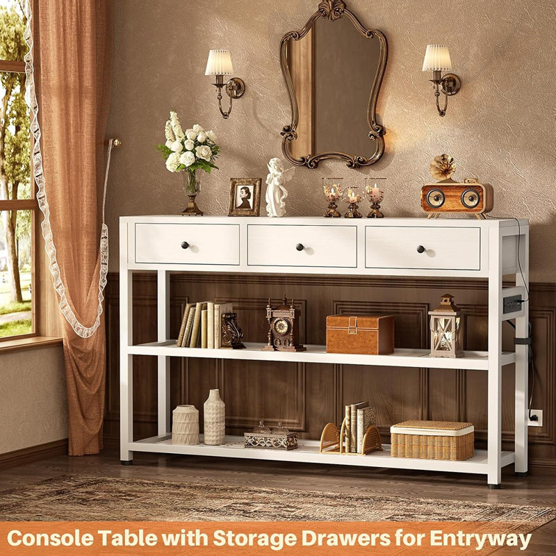 Console d'entrée avec prises, USB, tiroirs et tablettes - Blanc