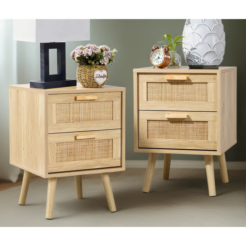 Ensemble de 2 tables de chevet, tiroirs en rotin décorés à la main, tables de chevet avec rangement, tables de bout pour le salon, finition en bois naturel, paquet de 2