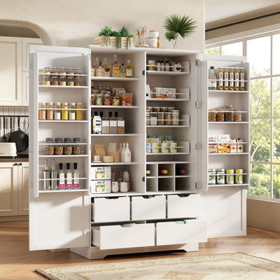 Kitchen Pantry Cabinet, Freestanding Storage Cabinet with 5 Drawers, 4 Pull-Out Trays, 8 Door Racks and Adjustable Shelves
