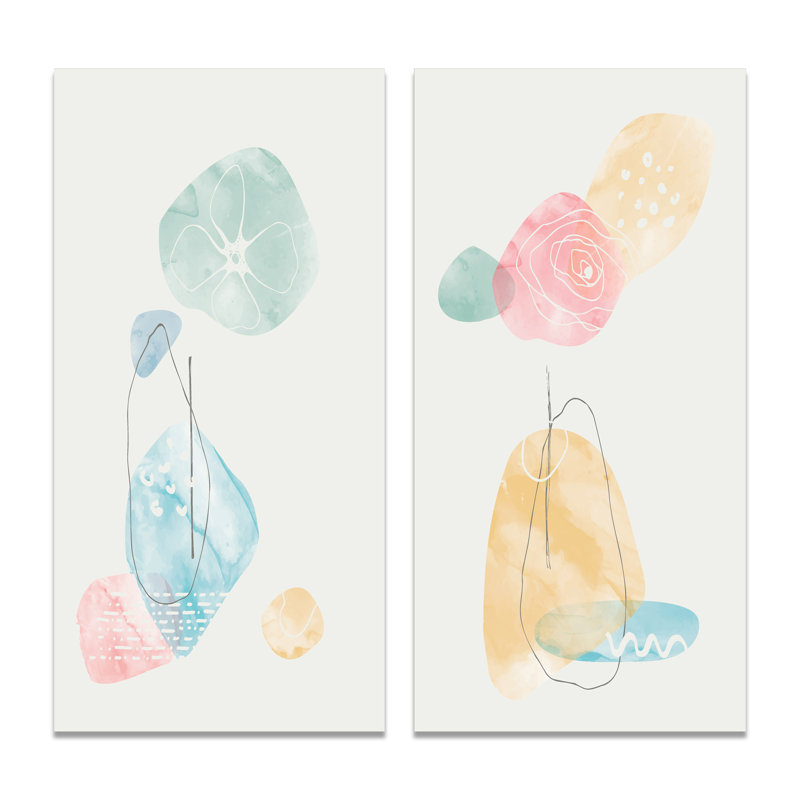 «Minimalistic Foliage with Pastel Shapes II», ensemble de 2 peintures, Toile tendue, H 20 po x l 24 po x P 1 po