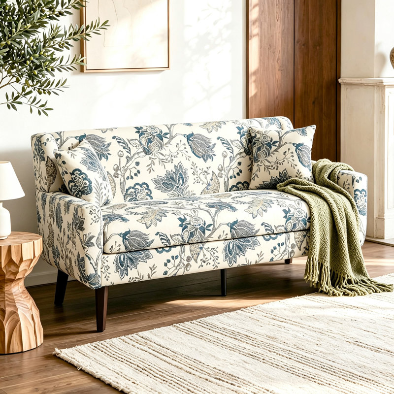 Davey Upholstered Linen Blend Button Tufted Square Arm Loveseat, PATTERN LEAF Linen Blend