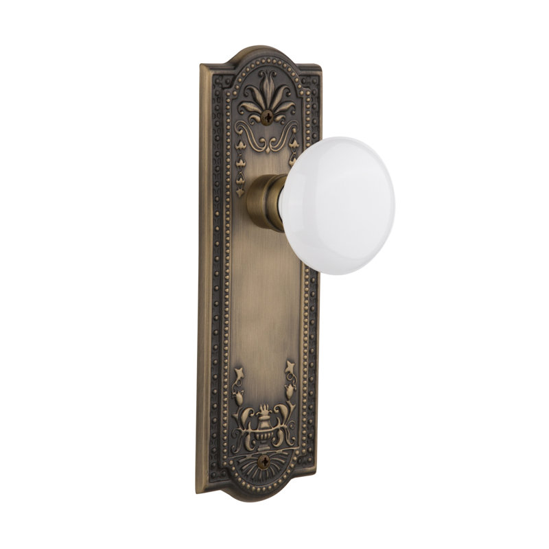 Meadows Plate with White Porcelain Door Knob, Antique Brass, 2-3/4”