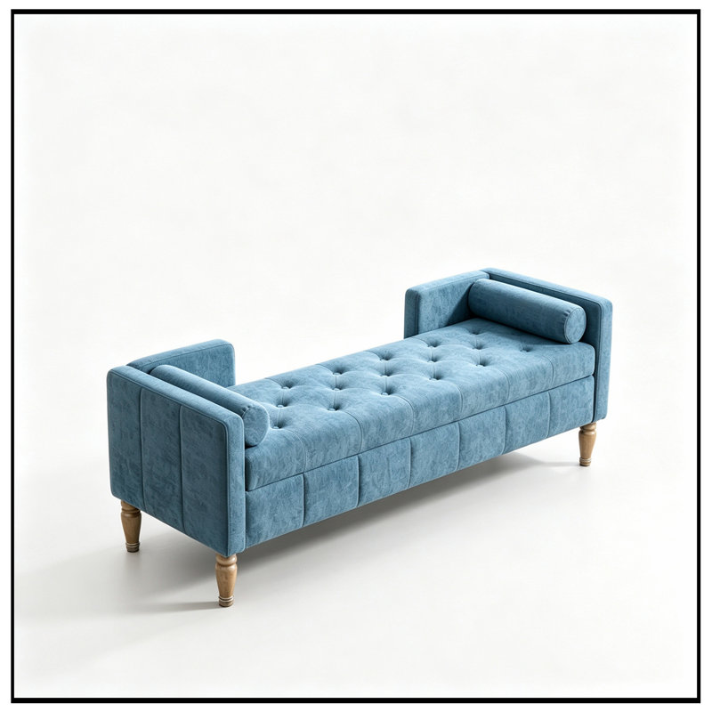 Banc de rangement en chenille avec accoudoirs et 2 traversins, Bleu