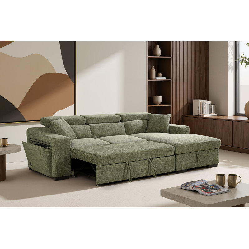 4 Seater Sofa Bed, Right Hand Facing, Green Chenille
