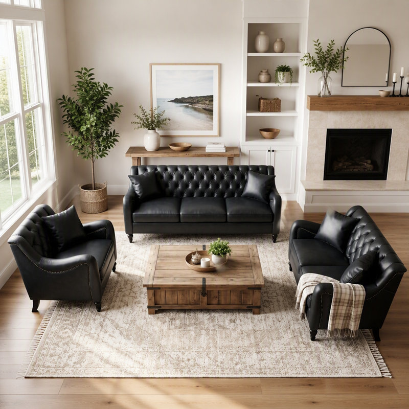 Ensemble de canapé en cuir PU 1 + 2 + 3 pièces, ensemble de canapé capitonné avec structure en bois massif et pieds en bois de bouleau, ensemble de meubles de salon rembourrés, disponible en 3 couleurs