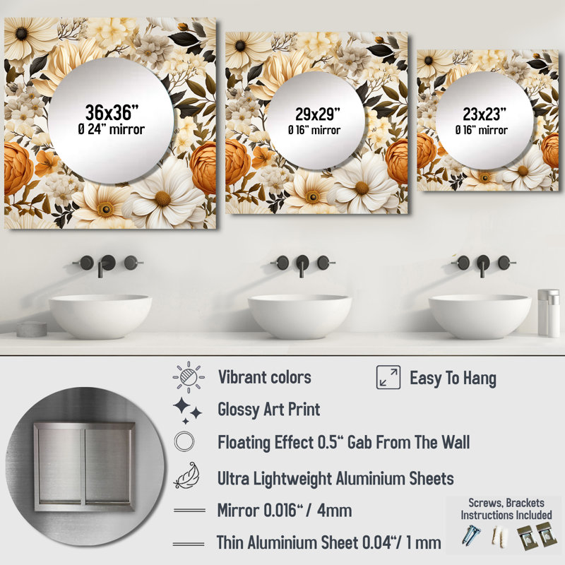 Rustic Floral Warmth Brilliance - Floral Square Mirror Wall Art For Bathroom, 29" x 29"
