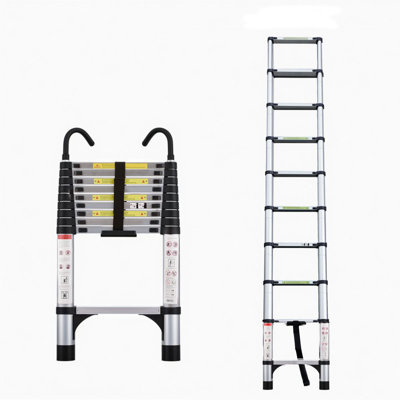 Telescopic Ladder, 9.5 Foot Aluminum Button Telescopic Ladder With 2 Triangular Stabilizers And Hooks, Multi-Purpose Ladder, Maximum Load-Bearing Capacity Of 330 Pounds, Suitable For Industrial And Ho