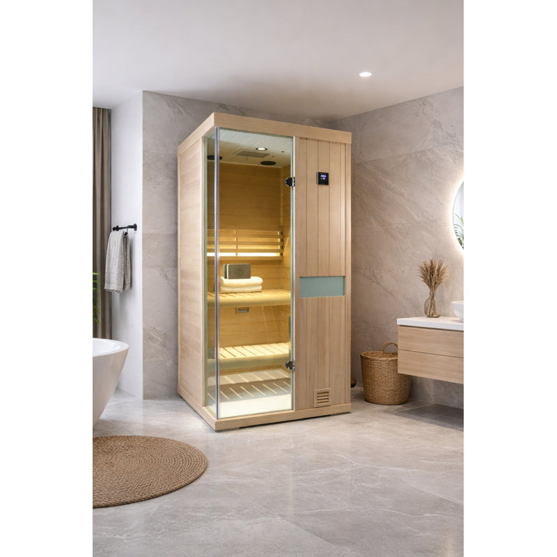 Samsora 1-Person Indoor Steam Saunas 2500W with Red Light Therapy, 95℉-230℉ Temp Range, Hemlock Wood, Built-In Bluetooth Speaker, Includes Sauna Heater and Sauna Stone, Negative Ion Technology