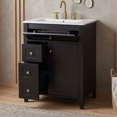 Compact Freestanding Bathroom Vanity with Ceramic Sink, Soft-Close Cabinet, Tip-Out Drawer and Two Layer Door Rack