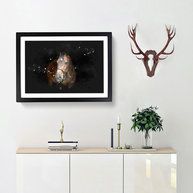Brown Horse in the Shadows - Picture Frame Painting Print, Black Framed, 62cm H x 87cm W x 2cm D