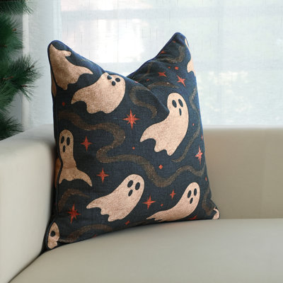 Housse de coussin décorative en lin mélangé avec passepoil, imprimé fantôme ludique et fermeture éclair invisible, motif fantôme d'Halloween.