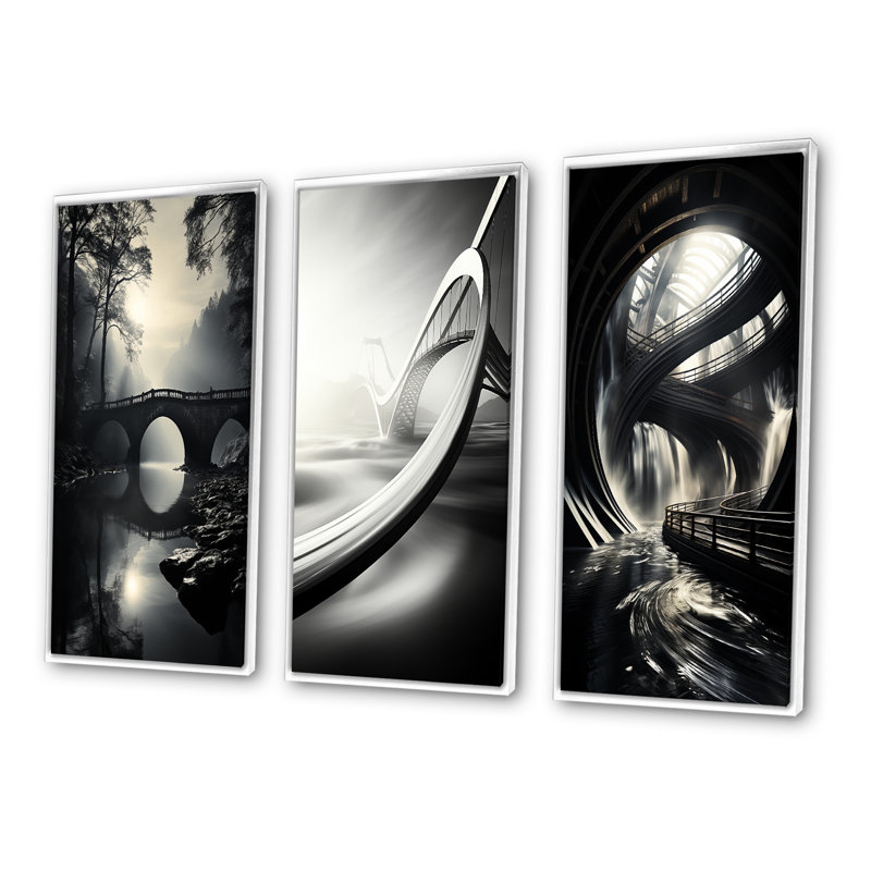 «Grey Bridge Of Serenity», 3 pièces sur toile, Cadre blanc, H 32 po x l 48 po