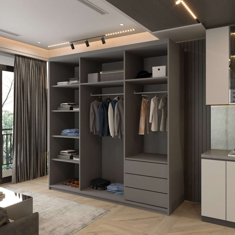 Modern Double Sliding Door Wardrobe in /Grey/Oak/White, Grey, 217cm H x 203cm W x 62cm D