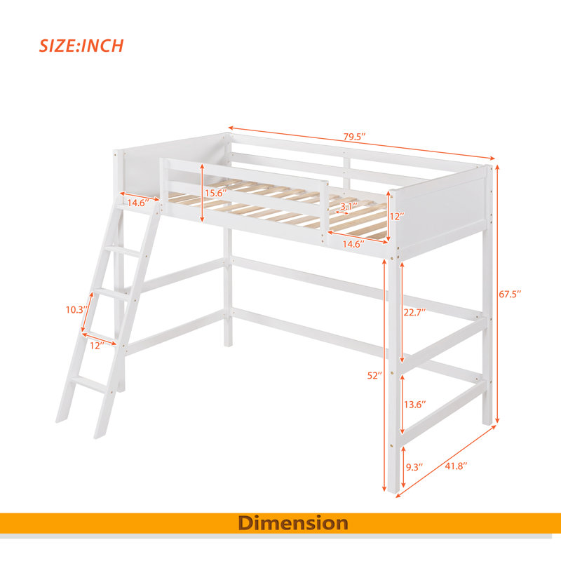 Lit mezzanine simple en bois massif avec échelle, Blanc