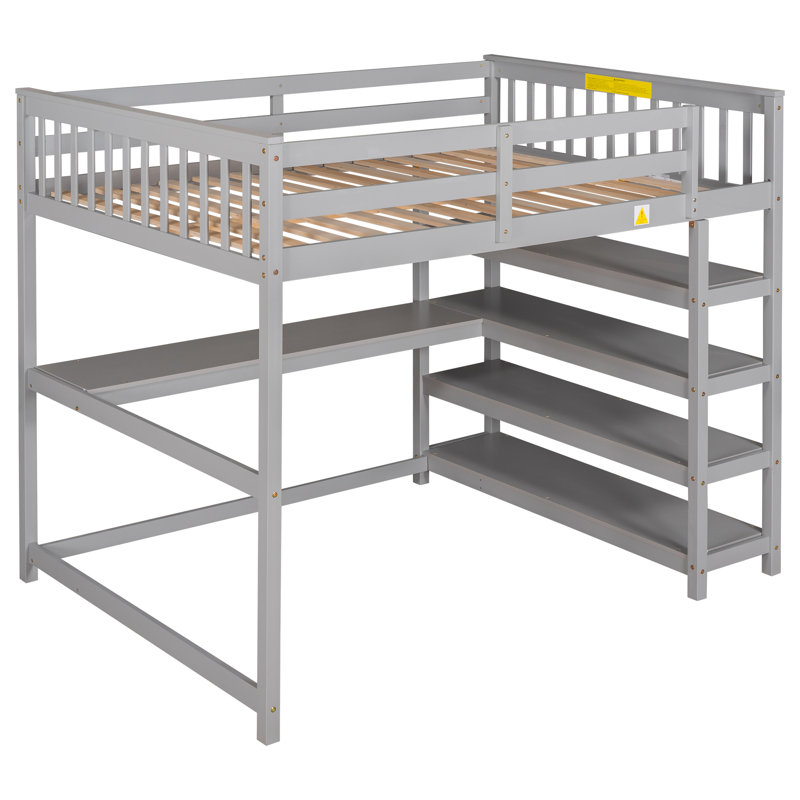 Lit mezzanine avec tablettes de rangement et bureau sous le lit, Gris, Lit double