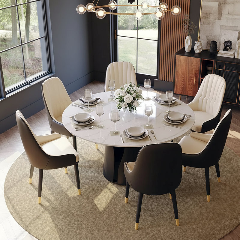 Table de salle à manger ronde 59 po pour 6 personnes, table en pierre frittée blanc mat avec piédestal en acier au carbone noir, table de salle à manger circulaire pour la cuisine