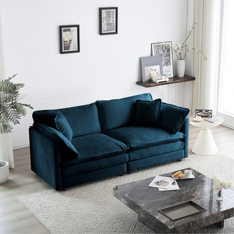 2 pièces et chaise, chenille bleue. Fabrication en bois massif, revêtement en chenille douce, coussins en éponge épais. Ajoutez du style à votre salon. Assemblage et chaise faciles à assembler, coussins confortables et modernes