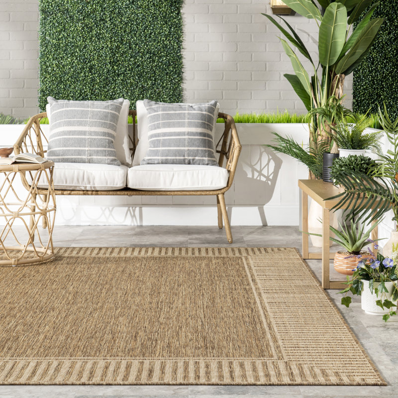 Alegre Bordered Indoor/Outdoor Rug, Rectangle 5' x 8', Tan