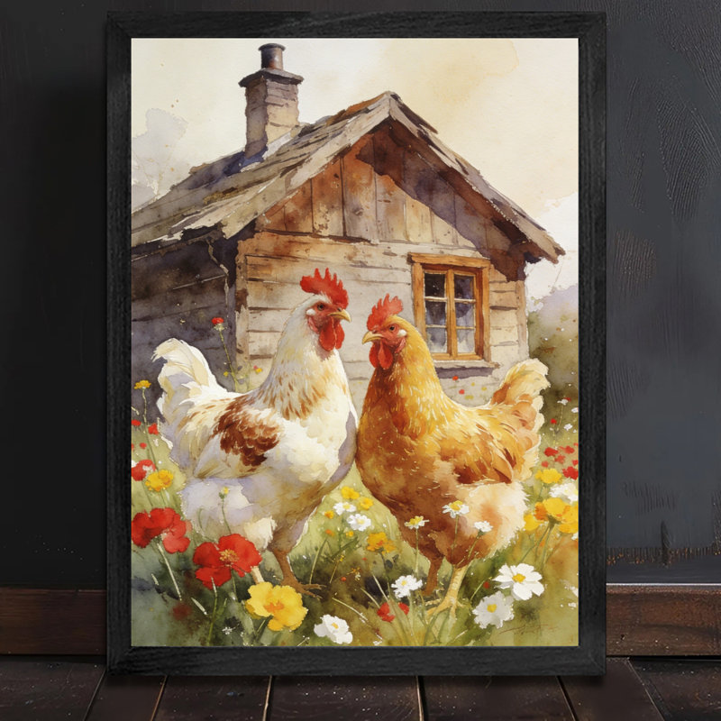 Reproduction d'art moderne sur toile encadrée moderne noir encadrée avec poules prêtes à accrocher, H 25 po x l 17 po