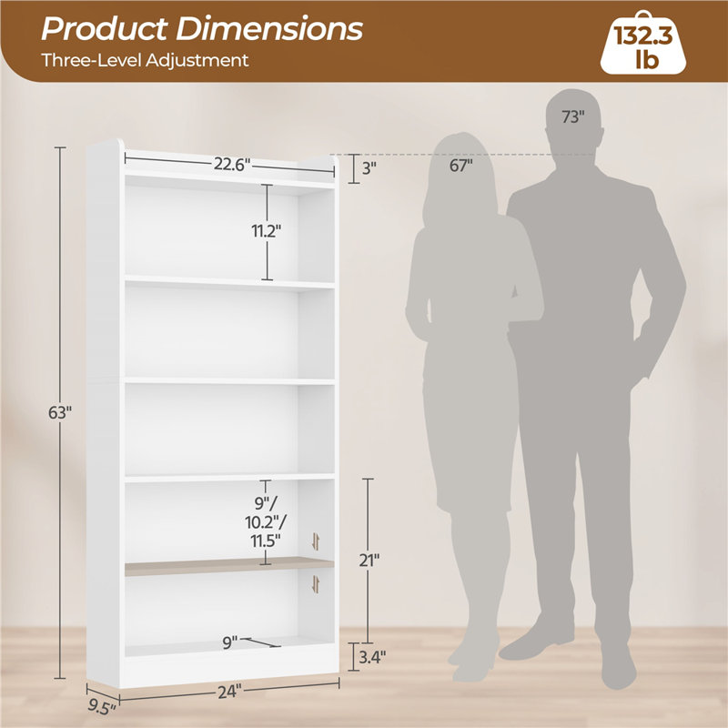 3-Piece 63"H X 24"W 6-Tier Modern Simple  Bookcase with Top Open Compartment, 63" H x 24" W x 9.5" D, White