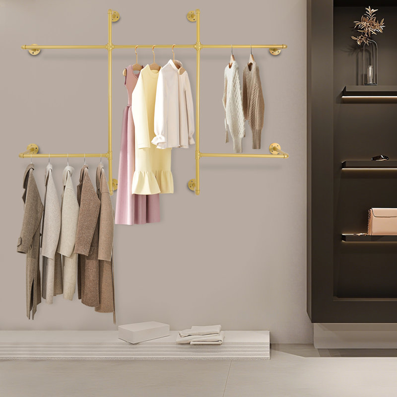 Présentoirs à vêtements muraux en fer doré de style industriel avec 5 tringles de suspension