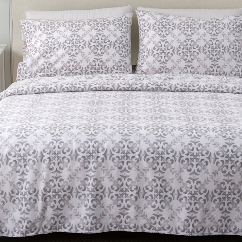 King Grey Toile Print Cotton Flannel Sheet Set