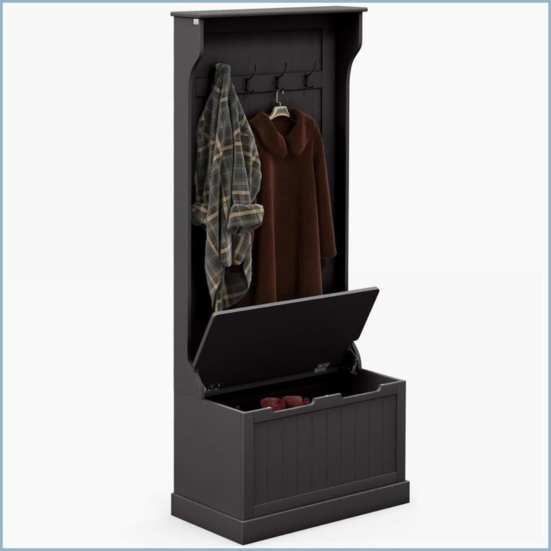 Coat Rack 3-in-1 Entryway Hall Tree with Storage Bench, 4 Hooks &amp; Shoe Storage | Black | MDF