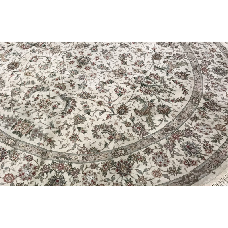 Tapis rond ivoire, rouge et brun noué à la main de haute qualité