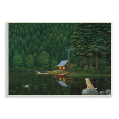 Log Cabin Lakehouse Scene Pet Dogs Tree Forest Oversized Wall Plaque Art By James Wiens