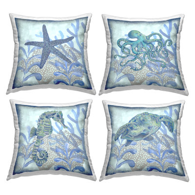 Blue Detailed Sea Life Underwater Printed Throw Pillow Design By Erica Christopher (Set Of 4) -  Stupell Industries, pl4-028_sqw_4pc_18x18