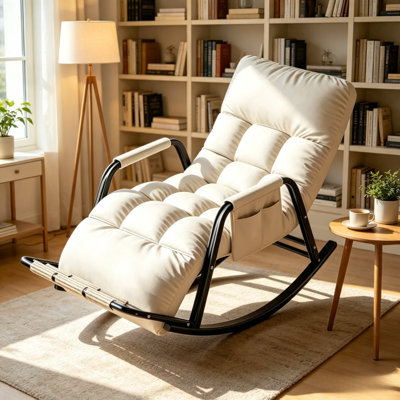 Fauteuil à bascule massant pliable Cloud‑White, fauteuil de détente inclinable une place, dossier et repose-jambes réglables, pédales de massage intégrées, rembourrage en coton épais, accoudoirs avec poches de rangement latérales, fauteuil d'appoint rembourré pour salon et chambre