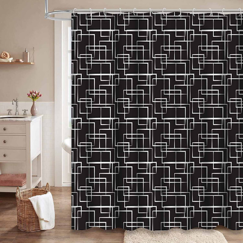 Rideau de douche géométrique noir et blanc avec 12 crochets, L 72 po x l 84 po