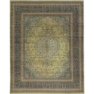 One-of-a-Kind Rectangle 11'10" X 14'8" Before 1900 Wool Area Rug in Gold/Black/Green