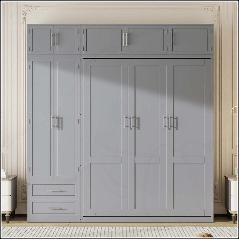 Grand lit escamotable mural avec armoire supérieure, gris