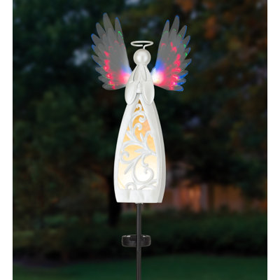 49" Angel Burst Solar Powered Outdoor Metal Garden Stake with LED Glowing Fiber White Finish