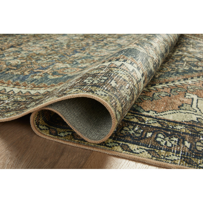 Denim and Clay Vintage Washable Rectangular Rug 2' x 5'