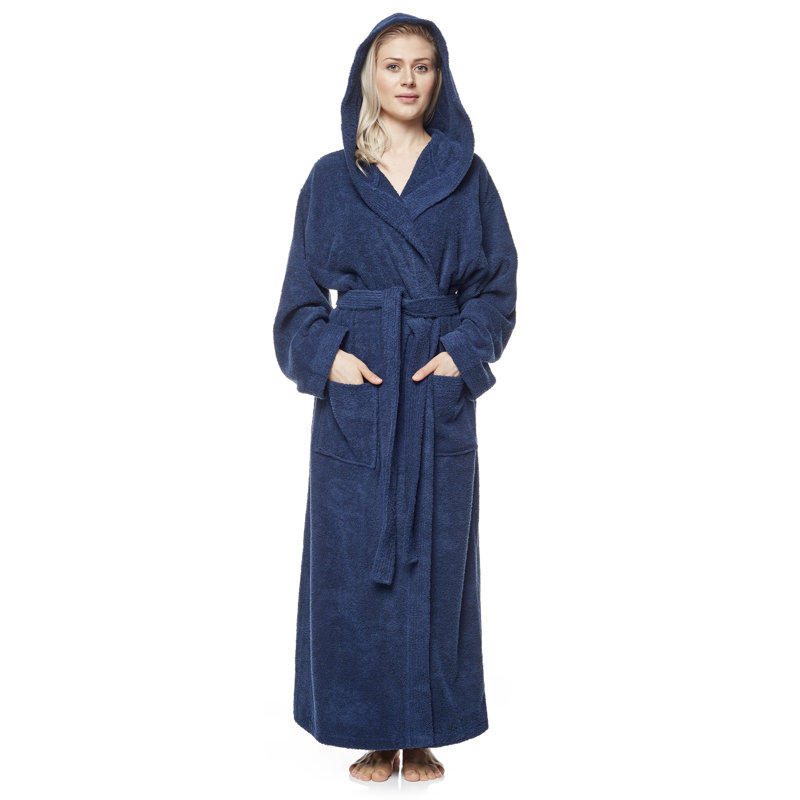 Oconee Terry Cloth Girl / Woman+ Ankle Bathrobe with Pockets and Hood, Navy Blue, M