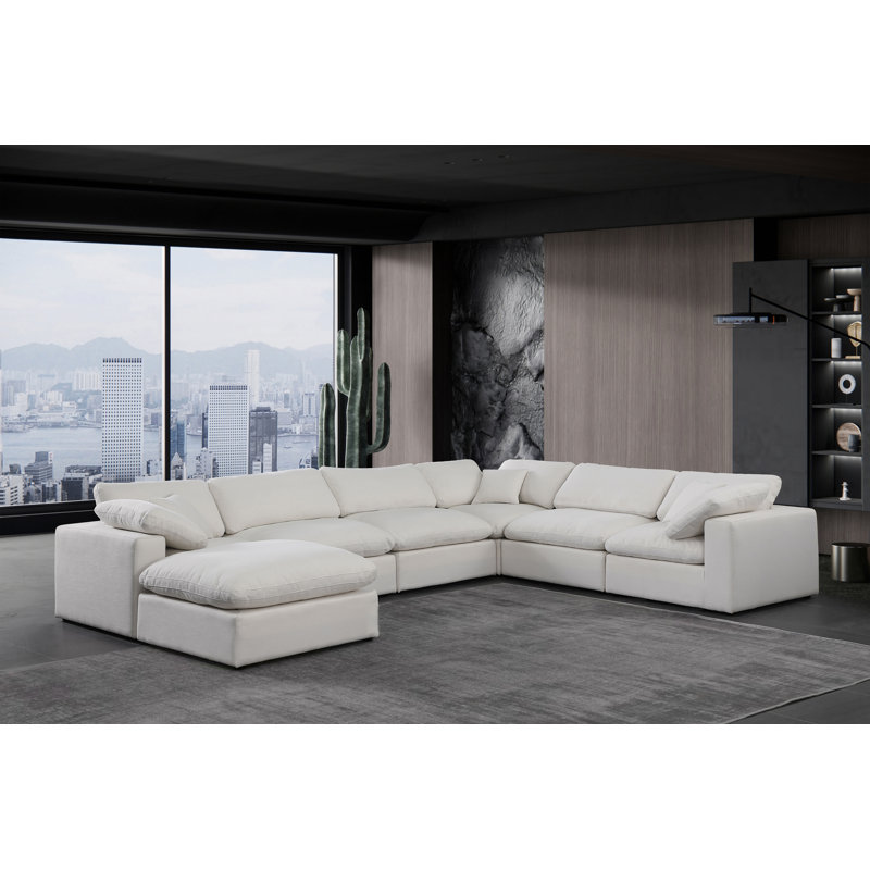 Hunie Upholstered U-Shaped Sectional Reversible, Cream Linen Textured Fabric