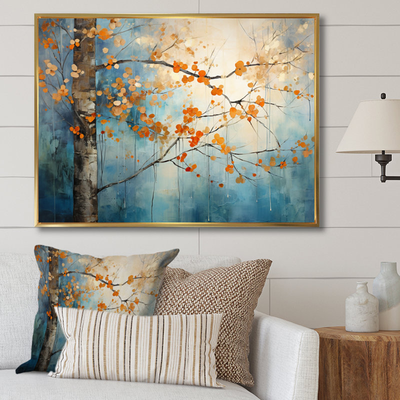 Orange Teal Maple Tree Glowing Embers II On Canvas Print, 34" H x 44" W, Floater Framed Print, Gold