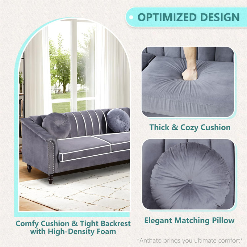 60" Upholstered Classic Chesterfield Loveseat, Gray