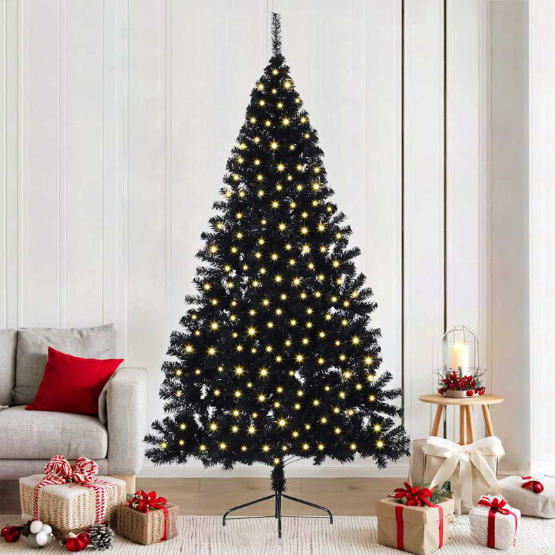 Artificial Pre-lit Christmas Tree PVC, Black/Gold, 210cm H